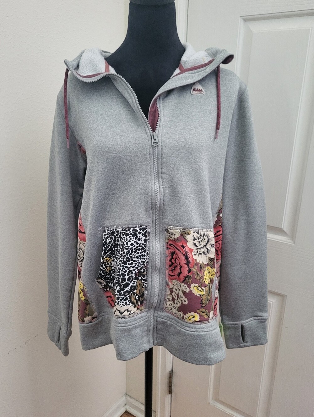 Burton Gray Zip Hoodie with Pink Floral & Leopard Patch Pockets - Picture 2 of 8